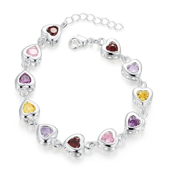 Beautiful Multi - Colored Heart Style Ladies Bracelet Stamped Sterling Silver - Picture 6 of 6
